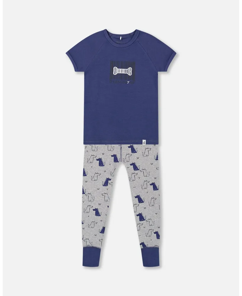 Boy Organic Cotton Two Piece Pajama Set Grey Mix Printed Dogs