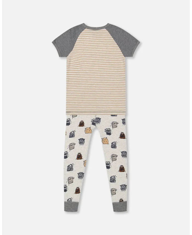 Baby Boy Organic Cotton Two Piece Pajama Set Heather Beige Printed Monsters - Infant