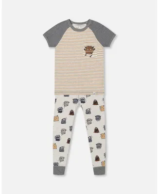 Boy Organic Cotton Two Piece Pajama Set Heather Beige Printed Monsters - Toddler|Child