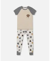Boy Organic Cotton Two Piece Pajama Set Heather Beige Printed Monsters - Toddler|Child