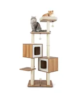 Vebreda Sugift Modern Wooden Cat Tree with Perch Condos and Washable Cushions