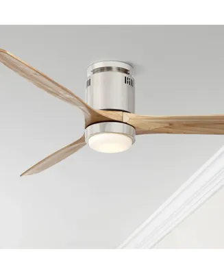 52" Wind spun Modern Hugger Indoor Ceiling Fan with Light Led Remote Control Brushed Nickel Natural Solid Wood Carved Blades for Living Room Kitchen B