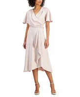 Taylor Petite Surplice-Neck Short-Sleeve Satin Midi Dress