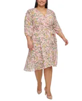 Tommy Hilfiger Plus Size Floral Chiffon 3/4-Sleeve Midi Dress