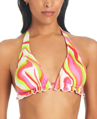 Sanctuary Women's Neon Swirl Tie-Front Ruffled Halter Swim Top