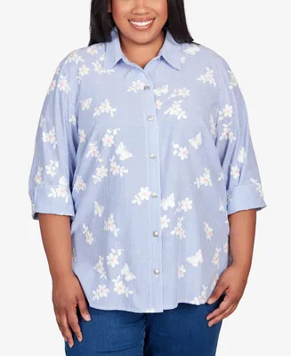 Alfred Dunner Plus Full Bloom Embroidered Butterfly Stripe Button Down Top