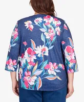 Alfred Dunner Plus Size In Full Bloom Placed Floral V-neck Top