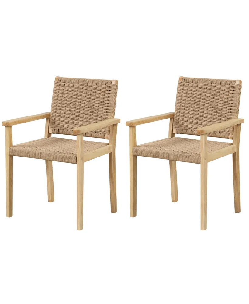 Patio Chair Set of 2 Rubber Wood Dining Armchairs Paper Rope Woven Seat