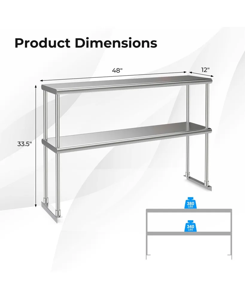 48'' 2-Tier Over shelf for Prep & Worktable Stainless Steel Adjustable Lower Shelf