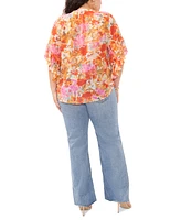 Vince Camuto Plus Size Floral Pintuck V-Neck 3/4- Flutter-Sleeve Blouse