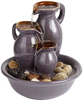 Triple Jug Zen Indoor Cascading Small Tabletop Water Fountain Chocolate Speckle Ceramic Real River Rock 9" for Table Desk-Top Home Office Bedroom Hous