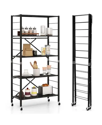 5-Tier Foldable Storage Shelves Adjustable Collapsible Organizer Rack with Wheels
