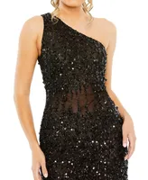 Women's One Shoulder Sheer Hand Beaded Mini Dress