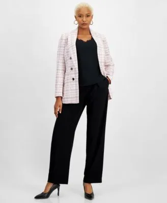 Bar Iii Womens Tweed Open Front Blazer Lace Trim Tank Pleated Trousers Created For Macys