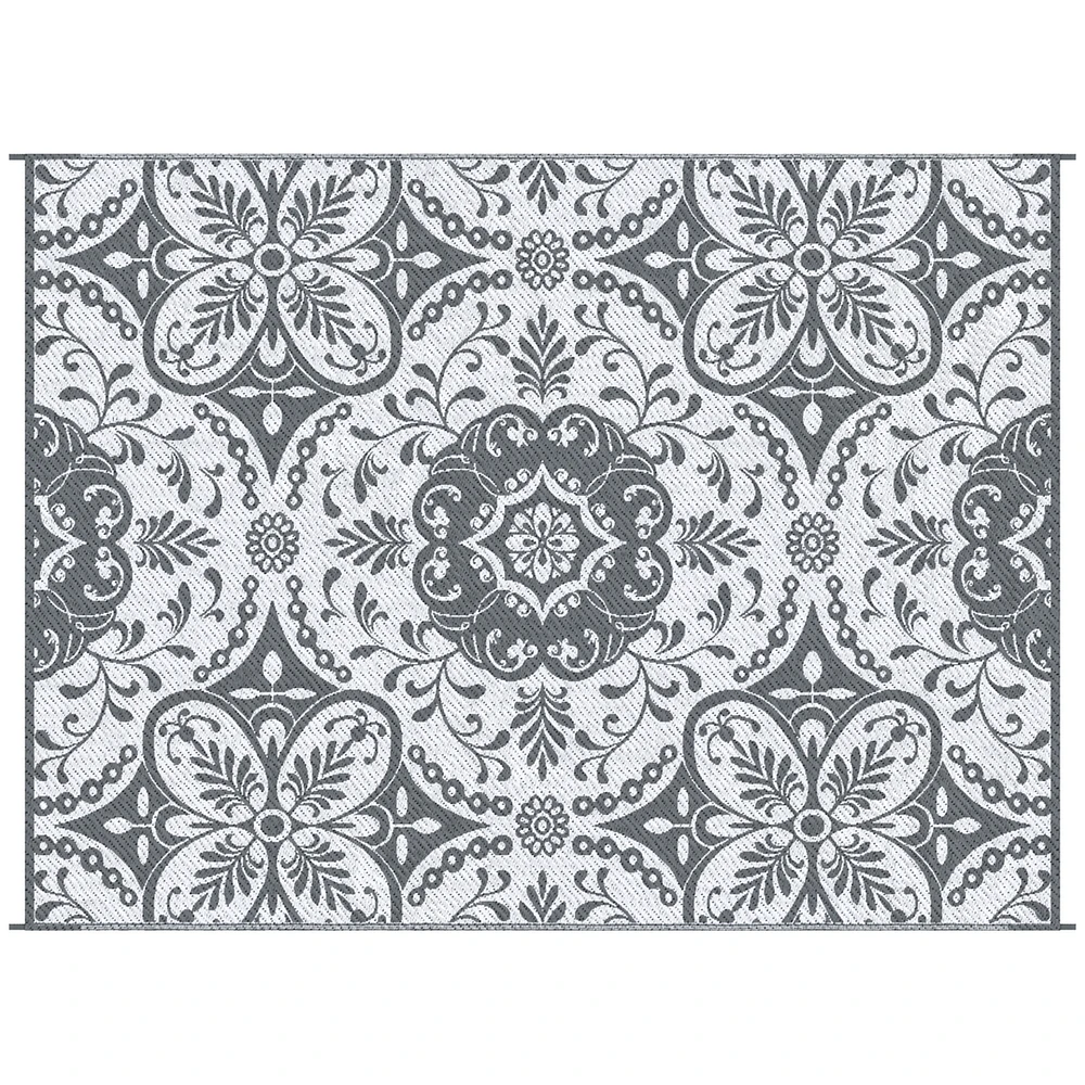 Outsunny Reversible Outdoor Rug with Carry Bag 9' x 12' Gray & White Flower