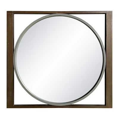 Simplie Fun Round Wall Mirror With Rectangular Wooden Frame, Brown