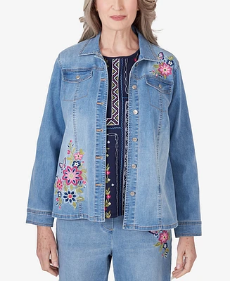 Alfred Dunner Petite Full Bloom Butterfly Embroidered Denim Jacket