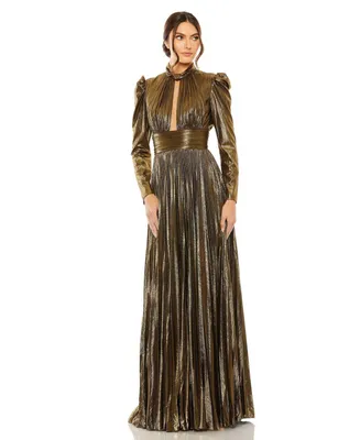 Women's Long Sleeve Keyhole Neck Heat Pleat Metallic Gown