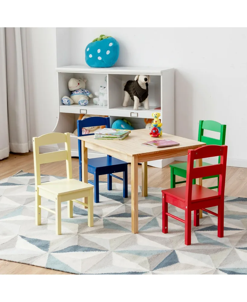 Kids 5 Piece Table Chair Set Pine Wood Multicolor Children Play Room Furniture