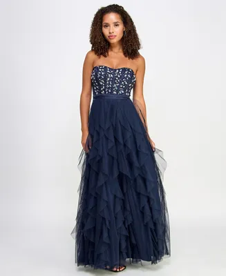 pear culture Juniors' Embellished Ruffled Strapless Gown