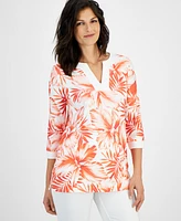 Anne Klein Petite Printed Split-Neck 3/4-Sleeve Tunic