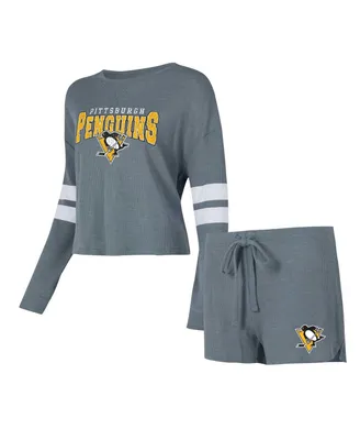Women's Concepts Sport Gray Distressed Pittsburgh Penguins Meadow Long Sleeve T-shirt and Shorts Sleep Set