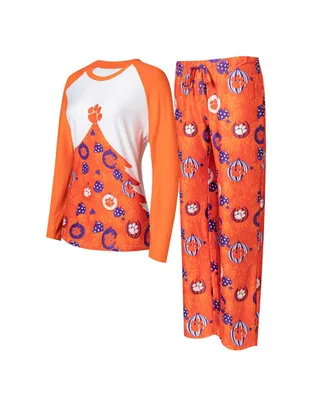 Women's Concepts Sport Orange Clemson Tigers Tinsel Ugly Sweater Long Sleeve T-shirt and Pants Sleep Set