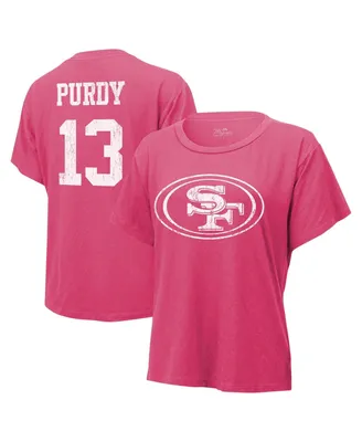 Women's Majestic Threads Brock Purdy Pink Distressed San Francisco 49ers Name and Number T-shirt