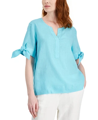 Charter Club Women's 100% Linen Split-Neck Tie-Cuff Top