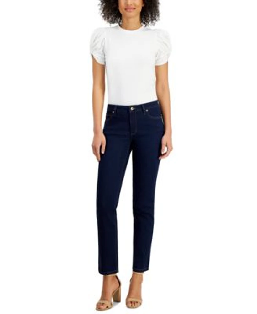 Anne Klein Womens Puff Sleeve Top Straight Leg Jeans