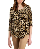 Jm Collection Women's Animal-Print 3/4-Sleeve Top, Created for Macy's