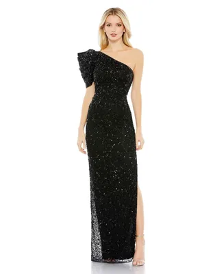 Women's Embellished Puff One Shoulder Column Gown