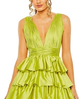 Women's Ruffle Tiered Pleated Sleeveless V Neck Gown