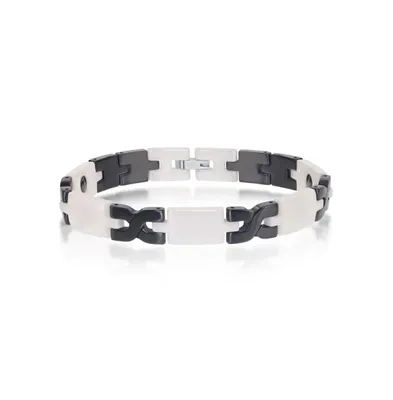 Stainless Steel Black 'X' Design White Ceramic Link Bracelet