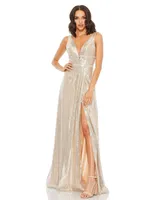 Women's Metallic Sequined Plunge Neck Gown