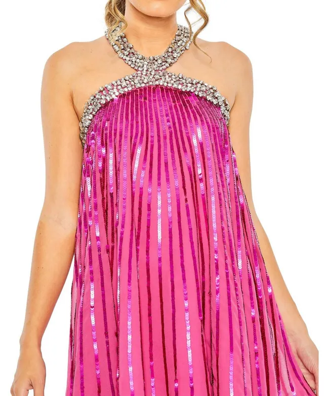 Mac Duggal High Neck Sleeveless Sequin Embellished Trapeze Dress