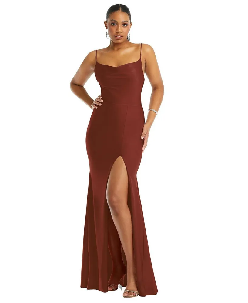 Cynthia & Sahar Cowl-Neck Open Tie-Back Stretch Satin Mermaid Dress with  Slight Train