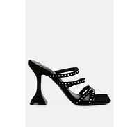 Women's Face Me Studded Spool Heel Multi Strap Sandals