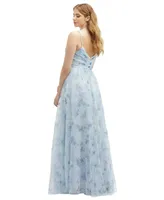 Floral Ruched Wrap Bodice Tulle Dress with Long Full Skirt