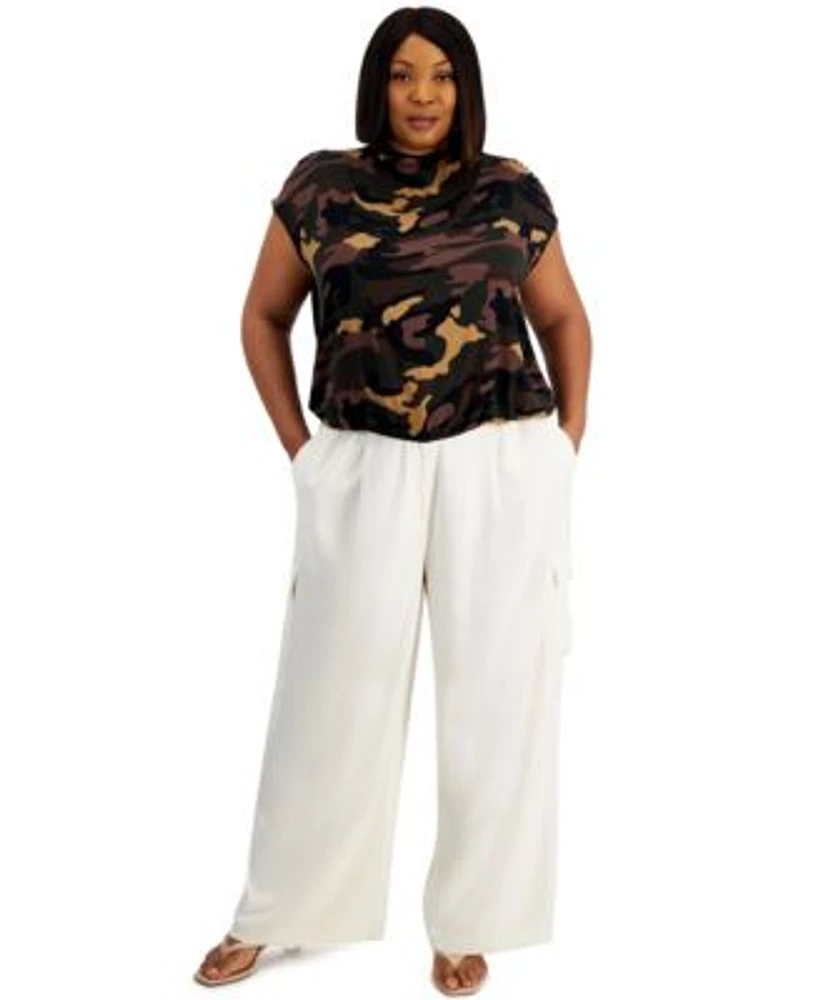 Bar Iii Trendy Plus Size Camo Print Mock Neck Top Wide Leg Cargo Pants Created For Macys