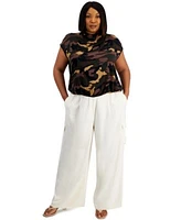 Bar Iii Trendy Plus Size Camo Print Mock Neck Top Wide Leg Cargo Pants Created For Macys