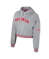 Women's The Wild Collective Heather Gray Distressed Wisconsin Badgers Cropped Shimmer Pullover Hoodie