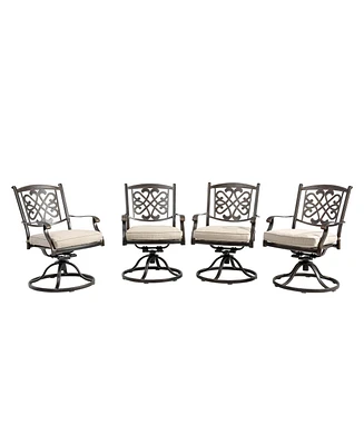 Mondawe Charcoal Gray Cast Aluminum Outdoor Dining Arm Chairs with Flower Pattern Backrest (Set of 4), Beige