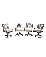 Mondawe Charcoal Gray Cast Aluminum Outdoor Dining Arm Chairs with Flower Pattern Backrest (Set of 4), Beige