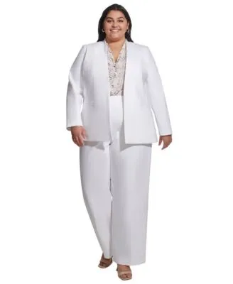 Calvin Klein Plus Size Collarless Open Front Long Sleeve Jacket Mid Rise Belted Wide Leg Pants