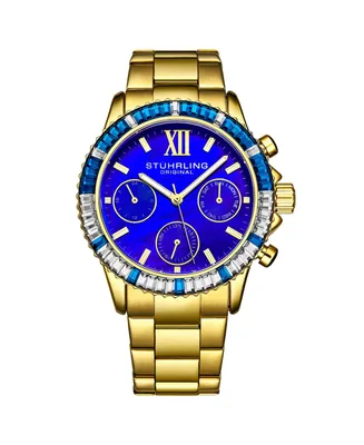 Ladies Chrono Gold Toned Case, Silver and Dark Blue Bezel, Dark Blue Mop Dial, Gold Toned Hands and Markers, Gold Toned Bracelet Watch