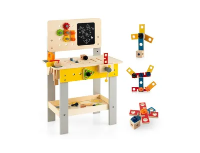 Wooden Pretend Play Workbench Set with Blackboard for Toddlers Ages 3+