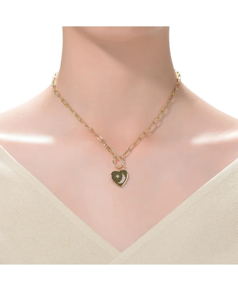 GiGiGirl Teens/Young Adults 14K Gold Plated Cubic Zirconia Moon and Star Heart Charm Necklace