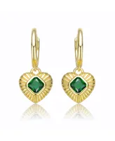 GiGiGirl Teens Sterling Silver 14k Gold Plated with Emerald Cubic Zirconias Dangle Heart Huggie Hoop Earrings