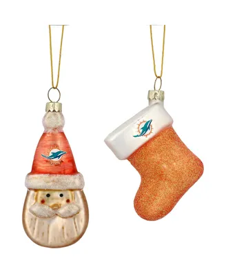Miami Dolphins Two-Pack Santa and Stocking Blown Glass Ornament Set